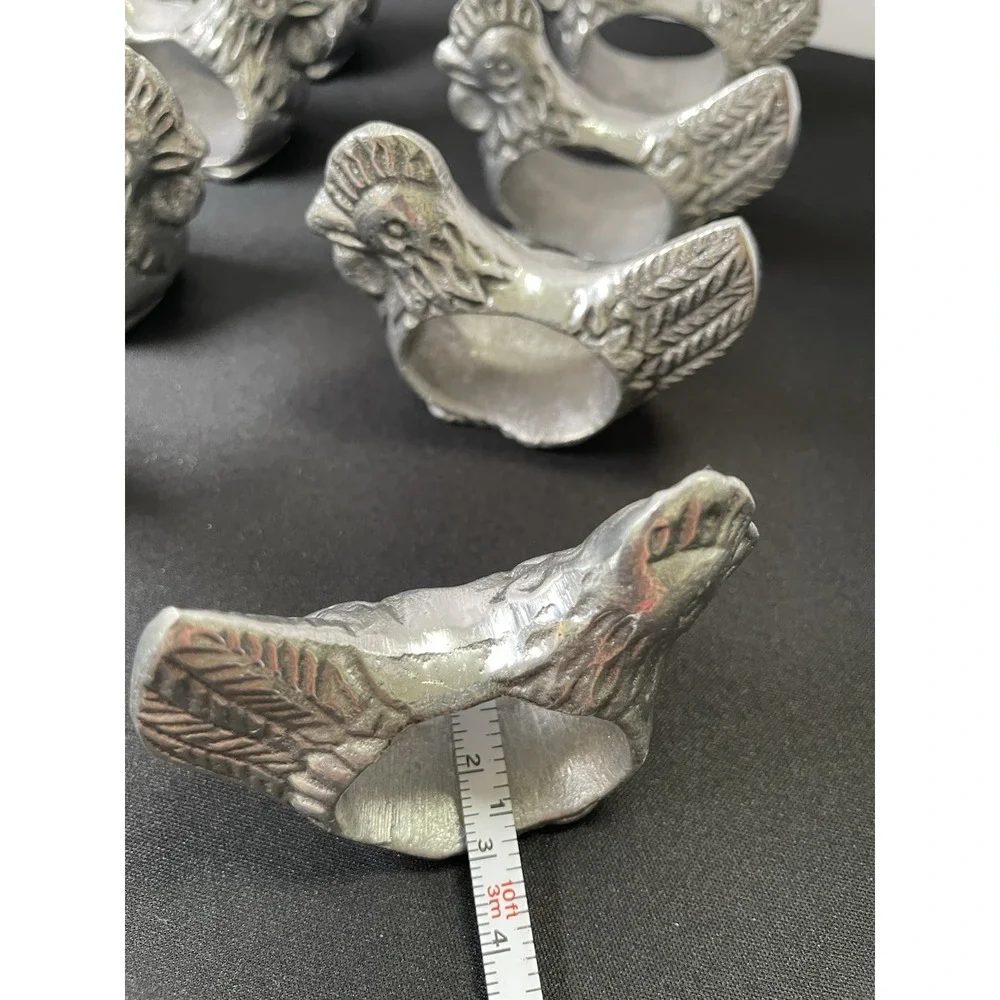 Vintage 1970s Set of 8 Pewter Chicken Rooster Napkin Rings French Country Rustic